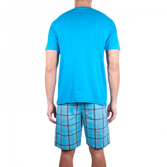 Krótka piżama męska Molvy niebieska ze spodniami w kratkę