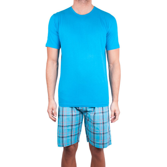 Krótka piżama męska Molvy niebieska ze spodniami w kratkę